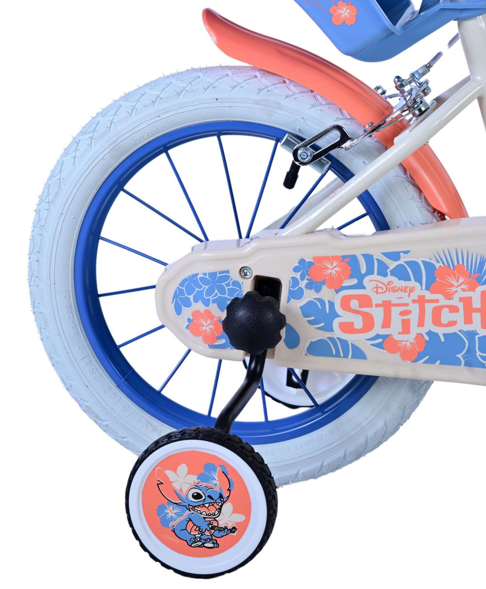 Disney Stitch Kinderfiets – Meisjes – 14 inch – Creme Koraal Blauw – Twee handremmen