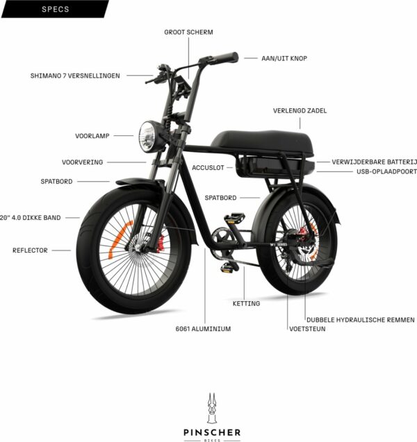 Pinscher W1 Elektrische Fatbike – 20inch 7V 25km/h – Mat Zwart