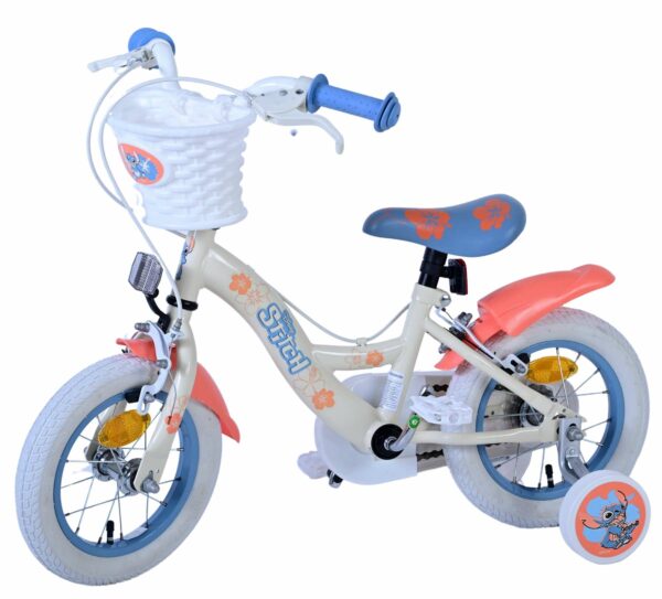 Disney Stitch Kinderfiets – Meisjes – 12 inch – Twee handremmen – Crème Koraal Blauw