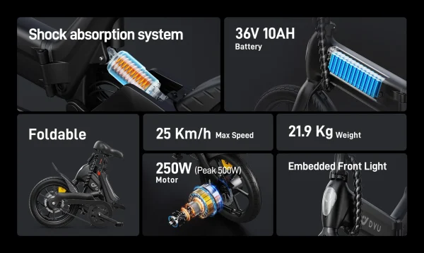 DYU A16 16 inch volledig opvouwbare elektrische fiets Zwart