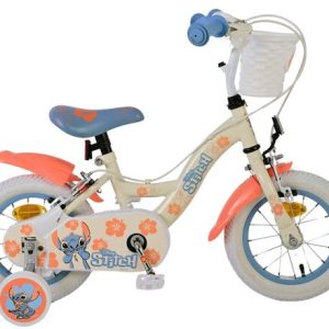 Disney Stitch Kinderfiets – Meisjes – 12 inch – Twee handremmen – Crème Koraal Blauw