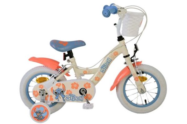 Disney Stitch Kinderfiets – Meisjes – 12 inch – Twee handremmen – Crème Koraal Blauw