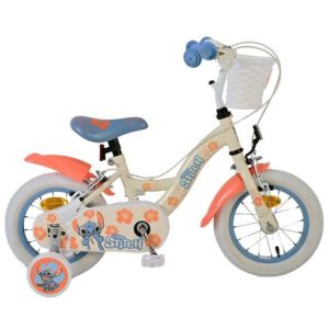 Disney Stitch Kinderfiets – Meisjes – 12 inch – Twee handremmen – Crème Koraal Blauw