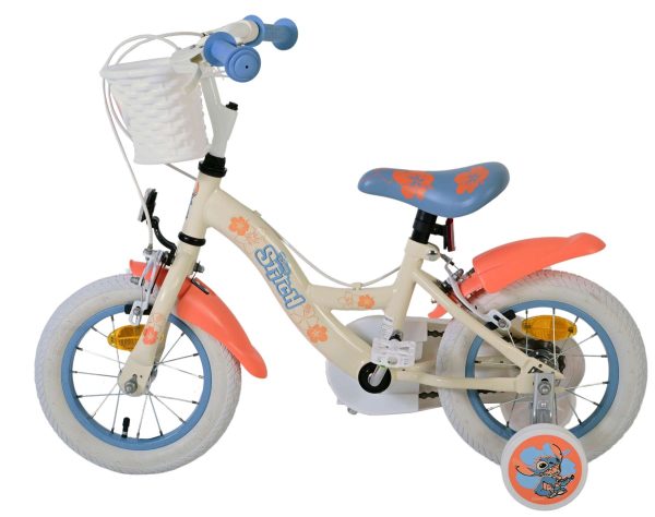 Disney Stitch Kinderfiets – Meisjes – 12 inch – Twee handremmen – Crème Koraal Blauw