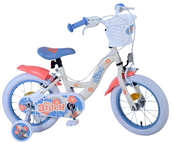 Disney Stitch Kinderfiets – Meisjes – 14 inch – Crème Koraal Blauw – Twee handremmen