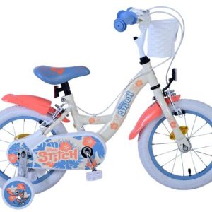 Disney Stitch Kinderfiets – Meisjes – 14 inch – Crème Koraal Blauw – Twee handremmen