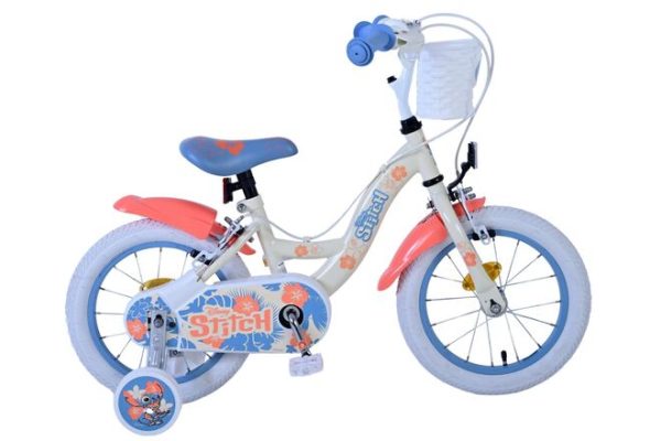 Disney Stitch Kinderfiets – Meisjes – 14 inch – Crème Koraal Blauw – Twee handremmen