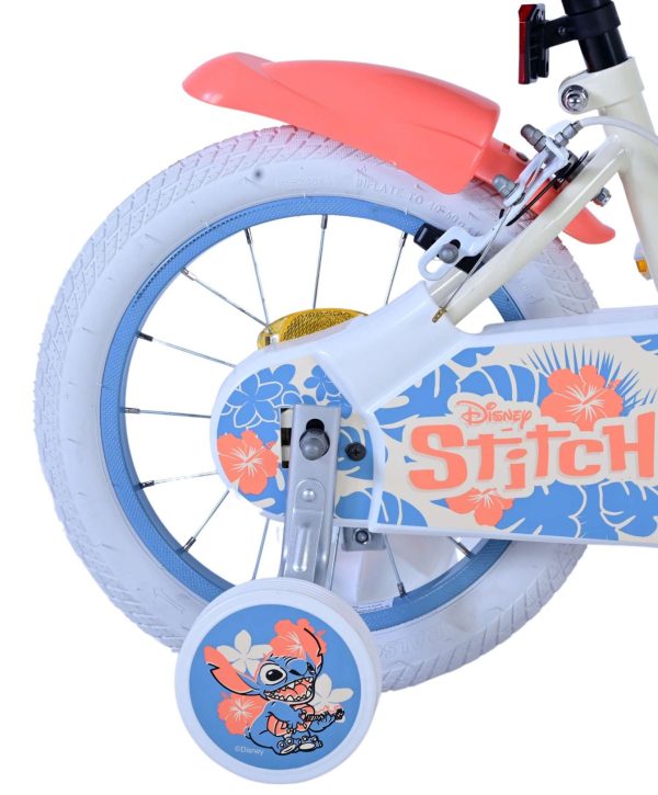 Disney Stitch Kinderfiets – Meisjes – 14 inch – Crème Koraal Blauw – Twee handremmen