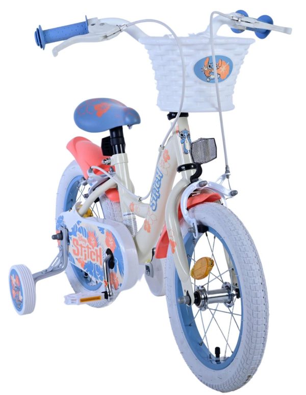 Disney Stitch Kinderfiets – Meisjes – 14 inch – Crème Koraal Blauw – Twee handremmen