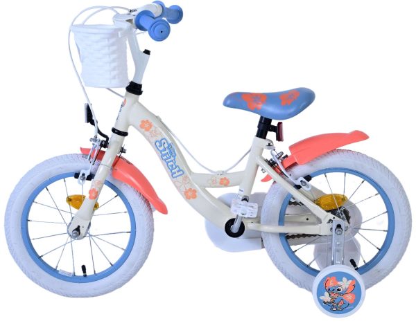 Disney Stitch Kinderfiets – Meisjes – 14 inch – Crème Koraal Blauw – Twee handremmen