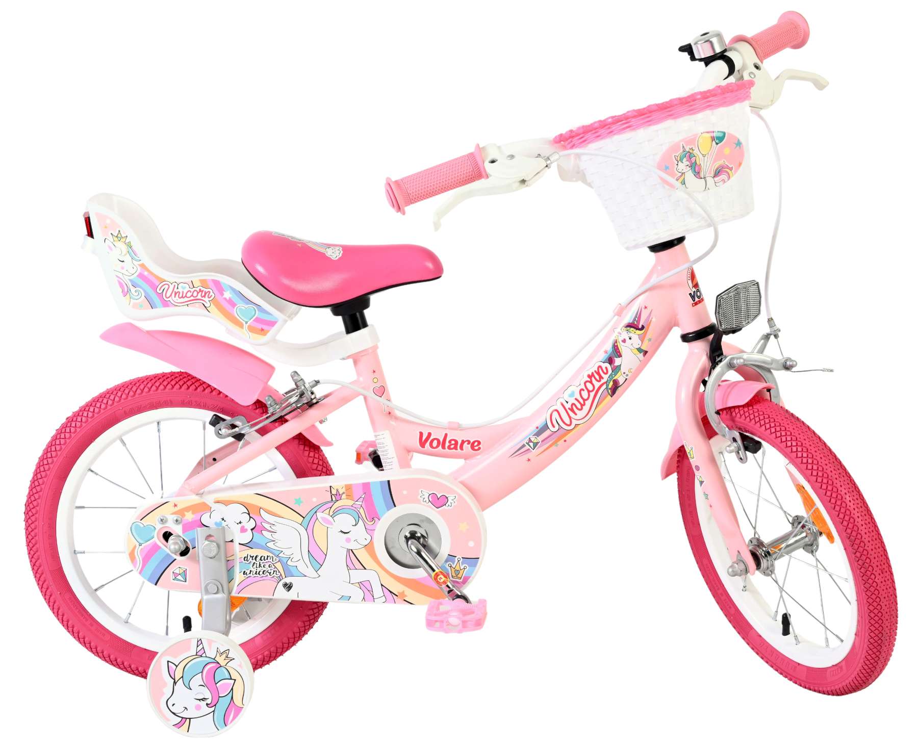 Volare Unicorn Kinderfiets – Meisjes – 14 inch – Roze – Twee Handremmen